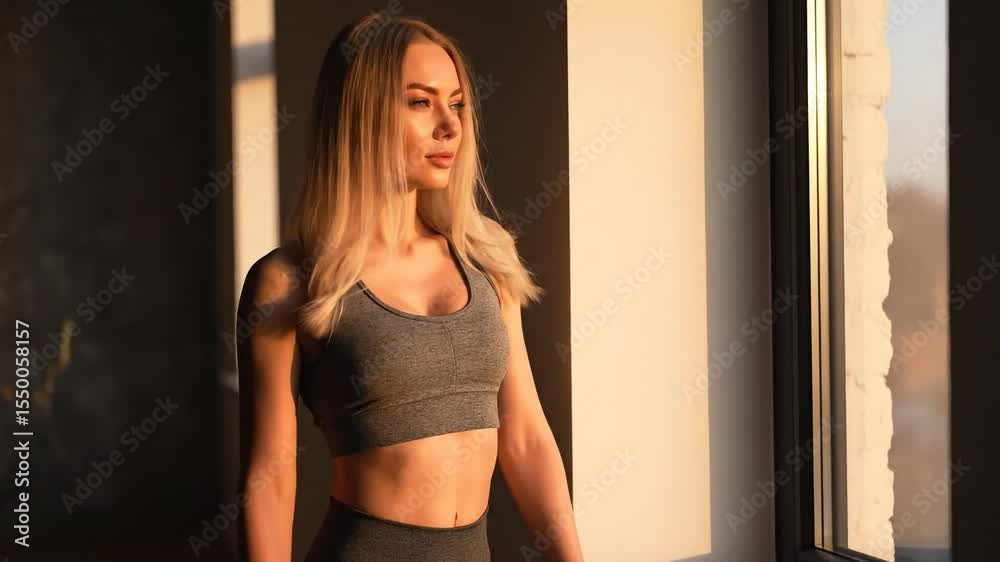 ultra realistic photo of a russian fitness model with long blonde hair, standing in golden hour sunlight by a window, wearing a stylish crop workout top and yoga pants, calm expression, natural beauty