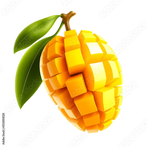 Abstract Cubed Mango Fruit Illustration Vibrant Digital Art of Tropical Treat, Geometric Design, Blocky Style, Summer Fruit, Juicy Mango