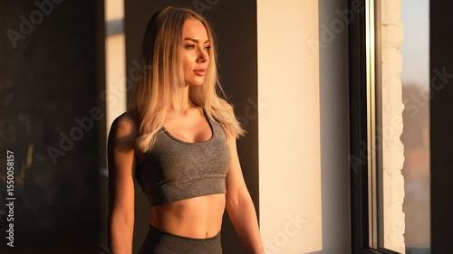ultra realistic photo of a russian fitness model with long blonde hair, standing in golden hour sunlight by a window, wearing a stylish crop workout top and yoga pants, calm expression, natural beauty