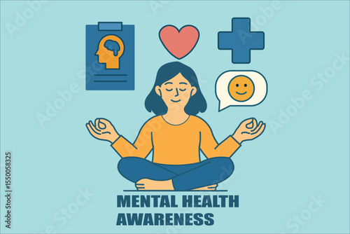 Promoting mental health awareness. A meditating person surrounded by icons symbolizes a balanced mind, emotional wellness, and positive outlook.