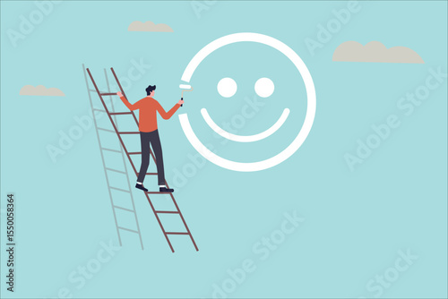 Spreading positivity. Someone on a ladder draws a huge smiley face, symbolizing the act of bringing happiness and good vibes.