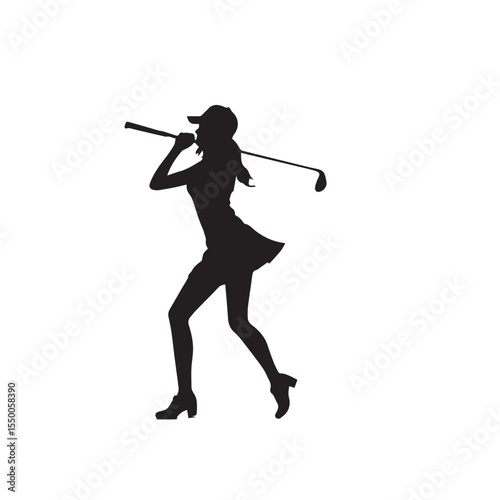 Silhouette of a woman in a skirt and cap playing golf