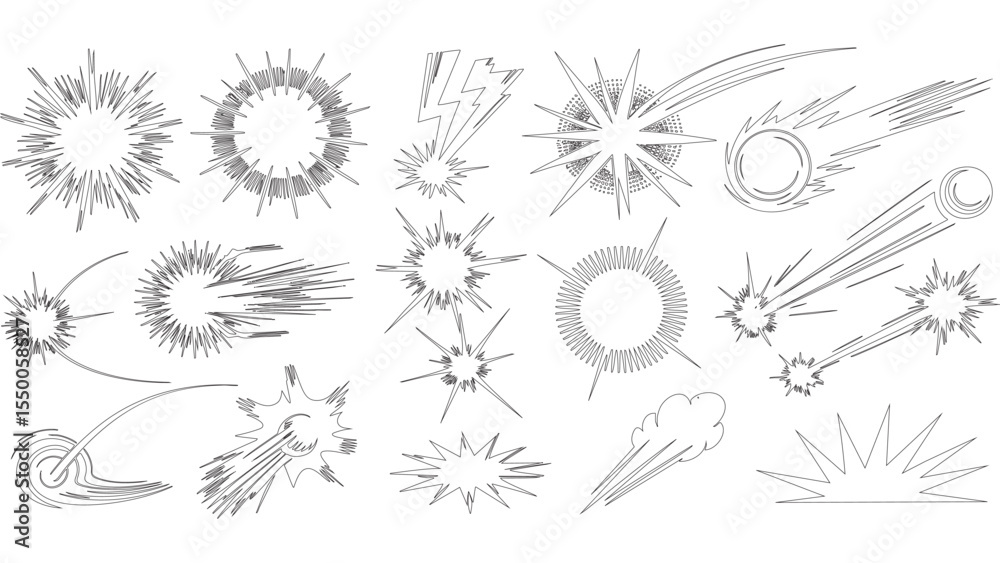 Obraz premium Comic Style Explosion and Blast Effect Outline Vector Set