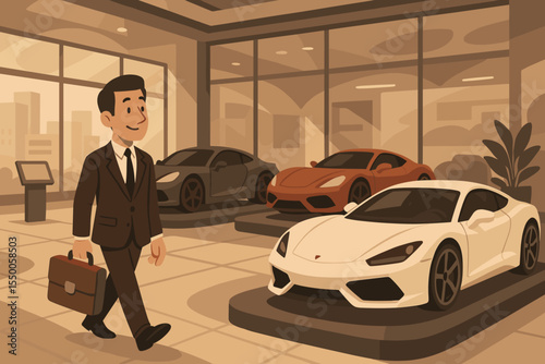 Confident businessman in suit visiting luxury car showroom with high-end sports cars, modern automotive dealership, executive lifestyle, vector cartoon illustration, business success concept
