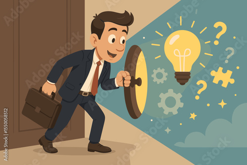 Businessman opens a secret door to a creative solution. Business concept of opportunity, innovation, and problem-solving. Unlocking potential with new ideas. Lightbulb metaphor.