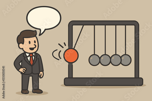 Businessman starts a chain reaction on Newton's cradle with a speech bubble. Metaphor for the impact of communication, cause and effect, power of words, and consequences.