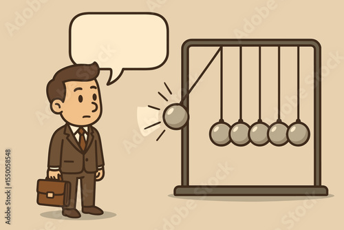 Impact of communication metaphor. Businessman with blank speech bubble and Newton's cradle. Concept for cause and effect, chain reaction, consequences, and the power of words in business.