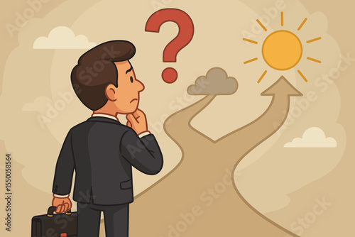 Businessman at a crossroads making a difficult choice. Concept for career path decision, dilemma, and future. Man choosing between uncertainty with a question mark and opportunity.