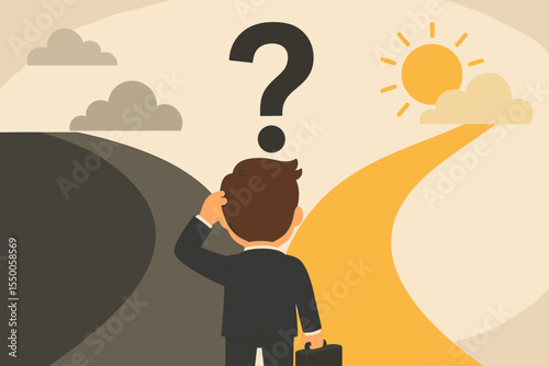 Businessman at crossroads making a choice between two paths. Concept of career decision, opportunity, and uncertainty. Dilemma with question mark, success or failure concept.