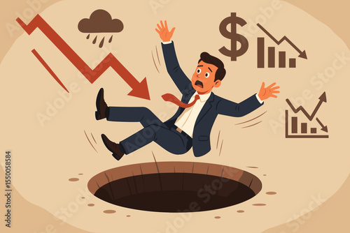 Businessman falling into a hole. Financial crisis metaphor with a manager in a pitfall. Concept of market crash, recession, bankruptcy, economic loss, investment failure, and debt.