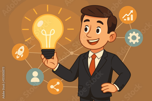 Businessman holding a light bulb idea surrounded by startup icons. Concept of innovation, entrepreneurship, business strategy, growth and success. Cartoon vector illustration.