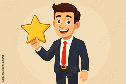 Businessman holding a gold star to represent customer review and high rating. Concept of excellent service, positive feedback, quality satisfaction, and business success. Vector illustration.