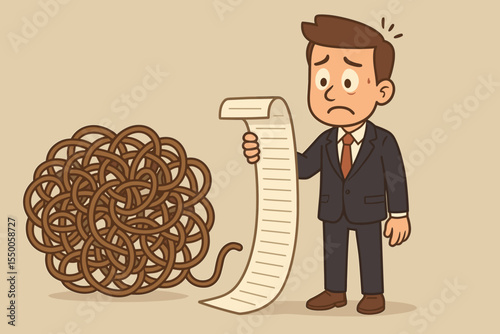 Stressed businessman with a long to-do list. Overwhelmed employee with tangled messy workload. Concept of chaos, complexity, and corporate burnout. Office pressure metaphor vector.