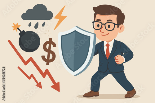 Cartoon businessman holding a shield to protect money from financial risk and crisis. Metaphor for insurance, investment protection, business security, and financial safety.