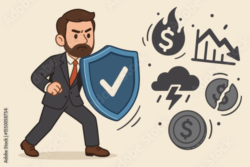Businessman holds shield to protect money from financial risk, inflation, and economic crisis. Concept of insurance service, investment safety, risk management, and wealth support.