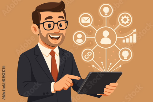 Cartoon businessman holding tablet with digital marketing icons. Customer Relationship Management (CRM) concept showing network, data analysis, strategy, and business innovation. Vector.