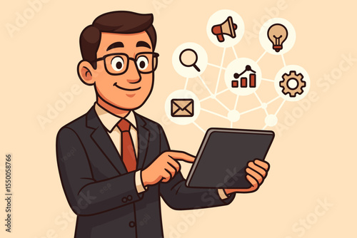 Cartoon businessman holding tablet with digital marketing icons. Business strategy concept for communication, data analysis, SEO, advertising, innovation, and network technology.