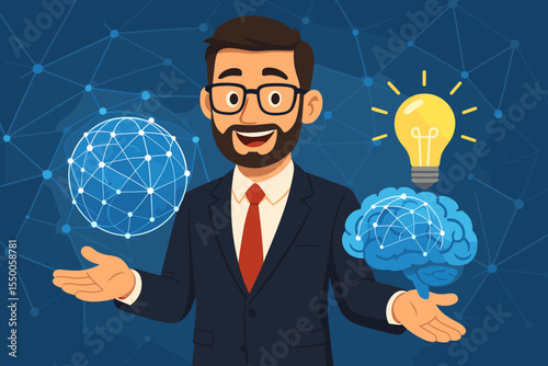 Businessman presents innovative idea for global business. Concept of creativity, brainstorming, technology, and AI. Man holds virtual brain, light bulb, and network globe.