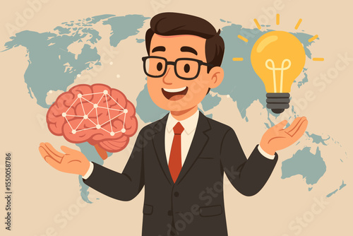 Creative business solution concept. Man holding AI brain with neural network and light bulb idea. Global strategy, innovation, brainstorming, and technology on world map background.