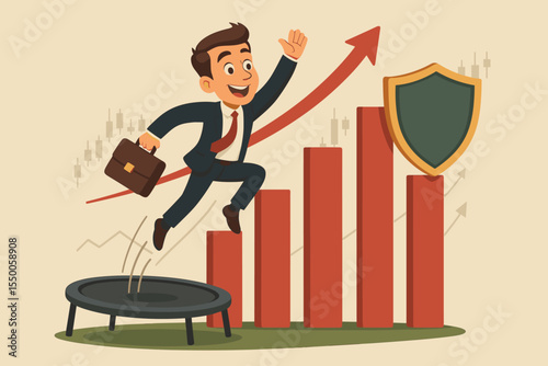 Happy Businessman Jumping on Trampoline to Achieve Higher Financial Graph Levels, Symbolizing Profit Increase, Business Growth, and Stock Market Protection. Vector Cartoon.