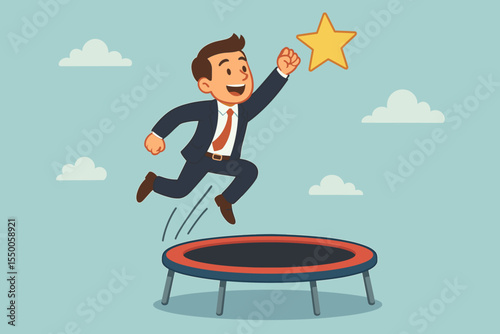 Businessman jumping on a trampoline to reach for a star. A metaphor for success, career advancement, achieving goals, and business ambition. Vector cartoon concept illustration.