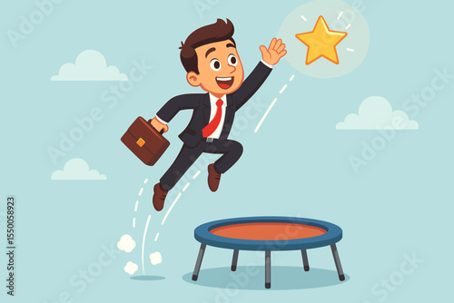 Businessman jumping on a trampoline to reach for a star. Metaphor for success, career advancement, reaching goals, motivation, and professional growth. Vector illustration.