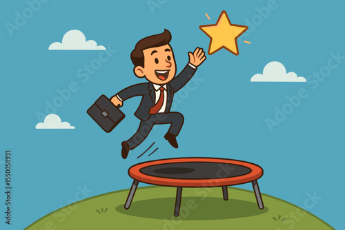 Happy businessman jumping on trampoline to reach a star, symbolizing career growth, business success, and achieving goals. Vector cartoon illustration.