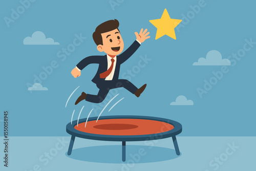 Businessman jumping on a trampoline, reaching for a star. A metaphor for business success, career growth, achieving goals, and ambition. Vector illustration of progress and opportunity.