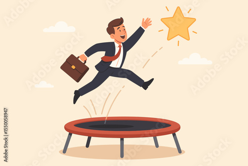 Business success concept. Businessman jumping on trampoline to reach for a star. Metaphor for career growth, ambition, reaching goals, motivation, opportunity, and achievement. Vector.
