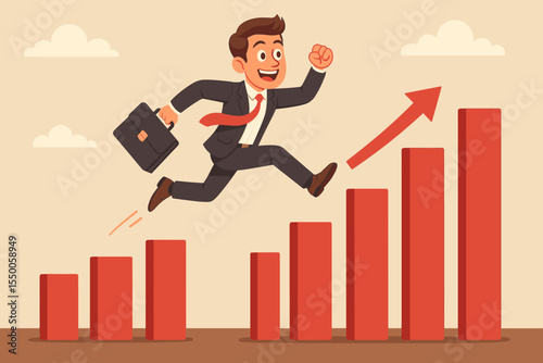 Businessman jumping over a growth chart gap, a metaphor for rapid business growth and success. Vector cartoon of overcoming obstacles, career progress, financial goals and achievement.