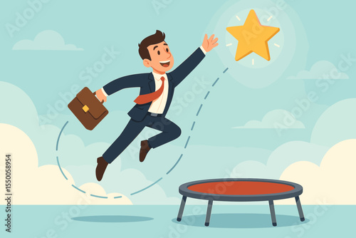 Business success and ambition concept. Cartoon businessman with briefcase jumps on trampoline to catch a star. Metaphor for career growth, opportunity, and reaching targets. Vector.