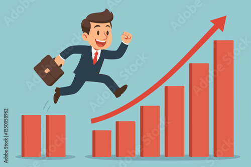 Businessman jumping over growth chart gap. Concept of rapid business growth, career success and progress. Manager overcoming obstacle for profit and financial investment gains.