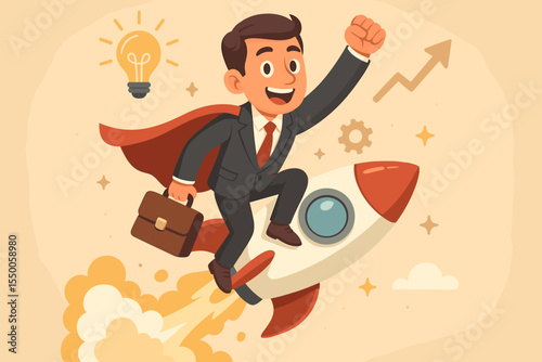 Businessman launching a startup on a rocket. Entrepreneur superhero concept for business success, growth, and innovation. Career boost with a creative idea. Vector cartoon illustration.