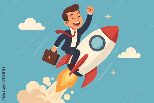 Ambitious businessman launching on a rocket. Startup success and new business venture concept. Entrepreneur character flying up for career growth and leadership. Vector cartoon.