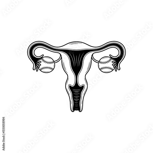 Uterus with Ovaries - Graphic Illustration: A striking monochrome illustration depicting the uterus and ovaries, creatively stylized with baseballs subtly incorporated into the design.