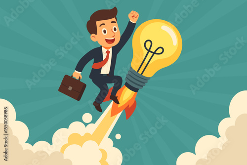 Startup launch concept with a businessman riding a lightbulb rocket. Metaphor for creative idea, business success, innovation, ambition, and career growth. Vector illustration.