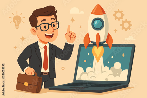 Startup launch concept. Businessman with creative idea launching new business project. Rocket taking off from laptop screen. Innovation, success, and development metaphor. Vector cartoon illustration.