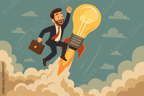 Entrepreneur launching innovative startup with lightbulb rocket, symbolizing creativity, success, idea, growth, and business achievement. Cartoon vector.