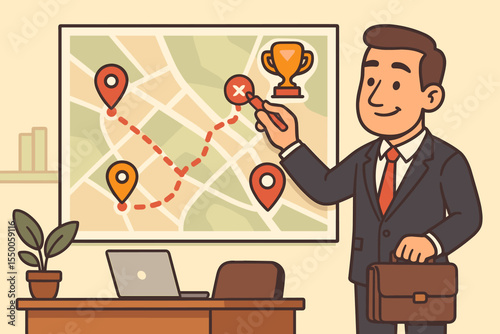 Strategic Planning Businessman Route Map Achieving Success Goals Office Workspace Cartoon Vector. Business Leadership Journey Path Navigation Target Winning Trophy Conceptual Illustration
