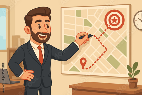 Businessman in Suit Planning Strategy on Office Map, Drawing Route to Target, Achieving Goals, Business Success Concept, Leadership, Project Management, Cartoon Vector Illustration, No Text