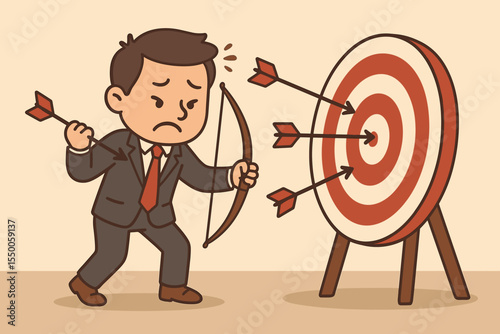 Cartoon businessman failing to hit bullseye with arrows, missing target, concept of business mistakes, failure, error, unsuccessful attempt, problem solving, challenge, learning from error