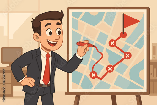 Cartoon businessman plotting success strategy on office map, marking route to goal achievement, business planning, professional road map, reaching milestones, leadership concept vector illustration