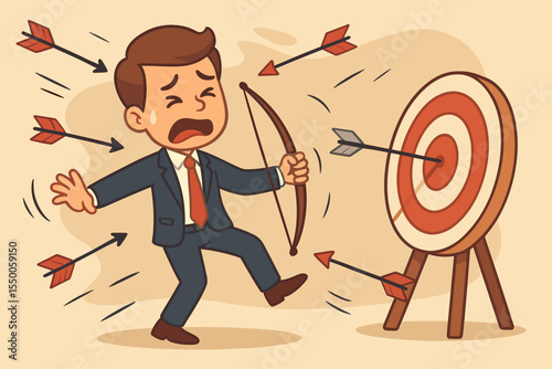 Businessman missing target, arrows flying, failure concept, business challenge, goal setting, mistake, misdirection, cartoon vector illustration, risk, effort, error, unsuccessful attempt