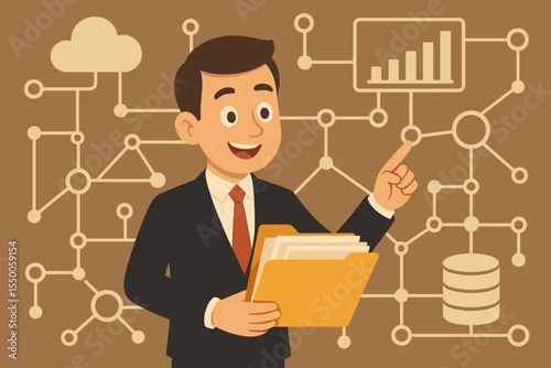 Businessman analyzing data network with document folder. Data management, cloud computing, business analytics, network connection, digital transformation, technology concept vector illustration
