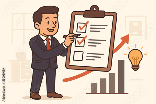 Businessman in suit marking checklist for goal achievement, project management, strategy planning, business growth, productivity, success metrics, innovation, ideas, corporate office vector