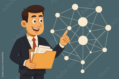 Businessman analyzing digital data network, holding documents folder, network connections visualization, cartoon vector illustration, corporate analytics, information management concept