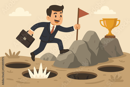 Businessman overcoming obstacles and pitfalls to achieve success. Cartoon vector illustration. Risk management, challenge, leadership, goal achievement, winning trophy, business journey metaphor.