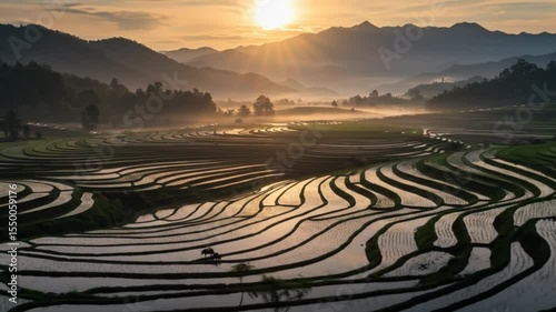 Sunrise Over Terraced Rice Fields with Water Buffaloes Grazing in Misty Valley