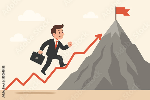 Businessman climbing red growth arrow to mountain peak with flag, success goal achievement, professional career progress, leadership ambition, motivation concept, vector illustration
