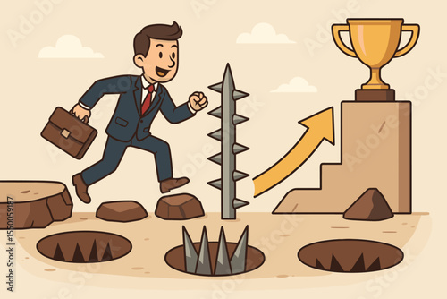 Determined businessman overcoming pitfalls, obstacles, and challenges to achieve business success. Cartoon vector illustration of entrepreneur jumping over traps toward trophy and victory